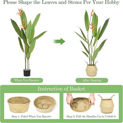 Miniatura 5 de yeshine Bird of Paradise - Planta artificial, árbol de hoja de plátano sintético de 5 pies con flores y cesta tejida de hierba marina, palmera alta