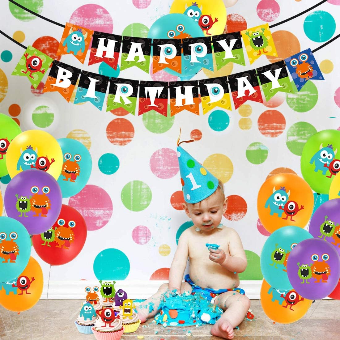 Monster Birthday Decoration Monster Party Decorations - Little Monsterx Theme Birthday Balloons Happy Birthday Banner Cupcake Toppers for Cute Carttoon Theme Party Supplies