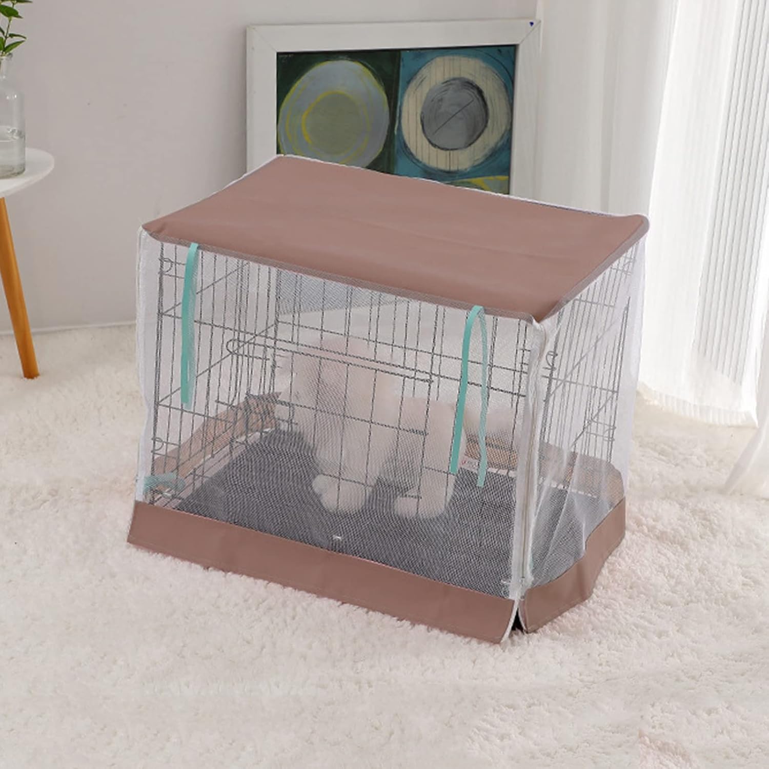 Hitasi 犬 ケージカバー ペットネット モスキートテント夏 ペットサークルカバー 通気性 犬用クレートカバー屋内 屋外用ほとんどの犬用ケージ蚊帳 簡単取り付け 折りたたみ 収納便利 うさぎ 小動物 ペット用品 ブラウン 出産祝い