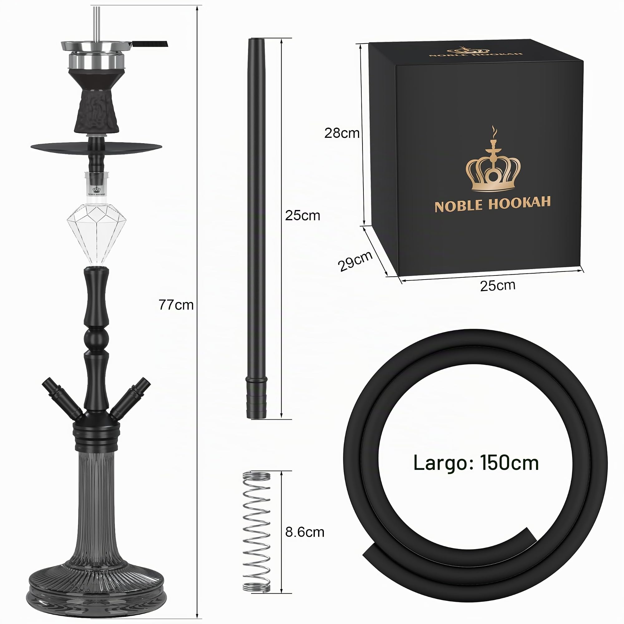 NOBLE HOOKAH Shisha Set Completamente Hecha de Tubo de Aluminio con 2 Conexiones y Accesorios Completos para Narguile - Cabeza de Narguile, Recolector de Melaza, 2 Mangueras y Mango (Negro)