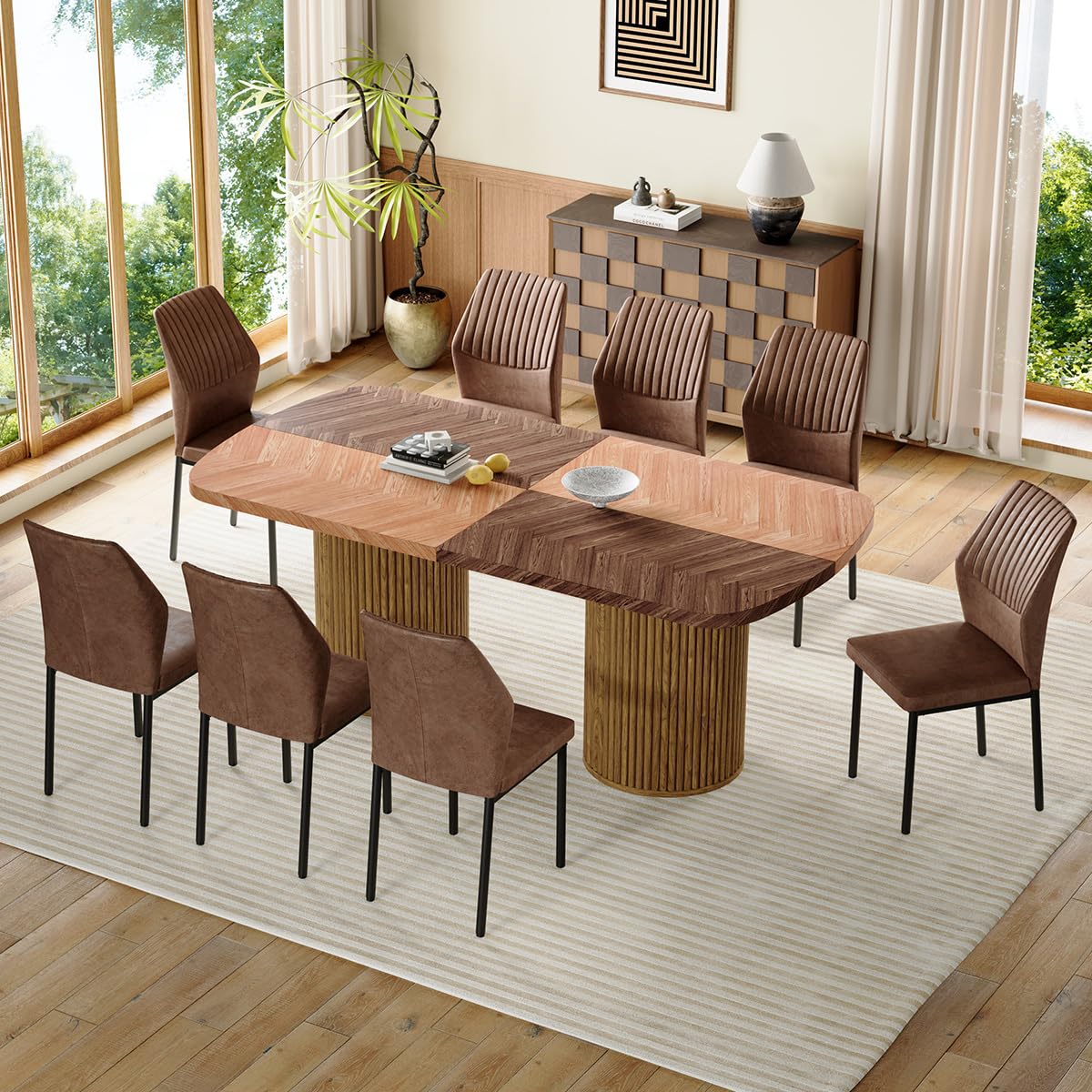 Rejeke Dining Table Set for 8 - Large 79" Rectangular Kitchen Table Set for 8 with Cushioned Chairs,Modern Mid-Century Wood Dining Room Tables Set for