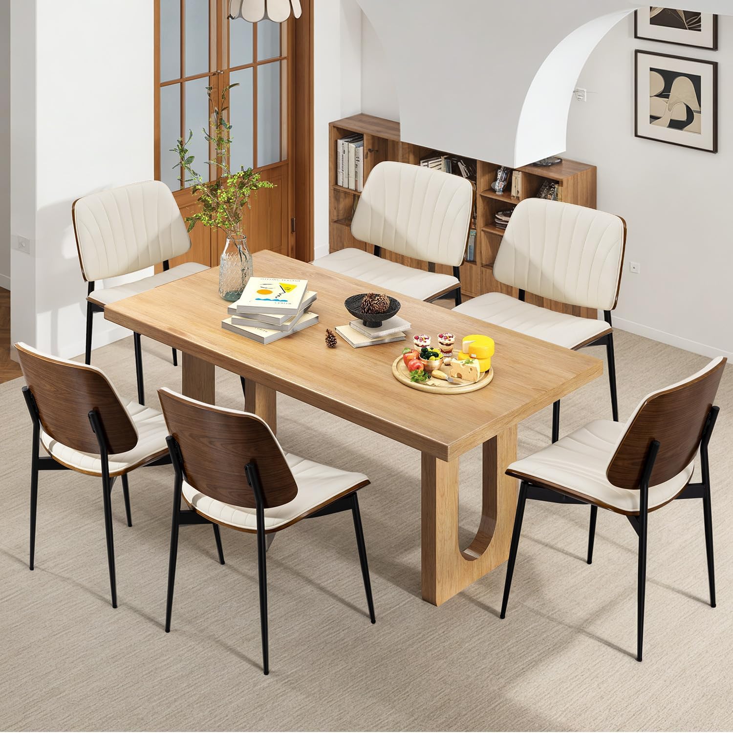 AVAWING Walnut Dining Chairs Set of 6, Mid Century Modern Dining Chairs PU Leather Upholstered Kitchen Chairs with Walnut Bentwood Back & Metal Legs for Dining Room, Kitchen, Living Room, Beige