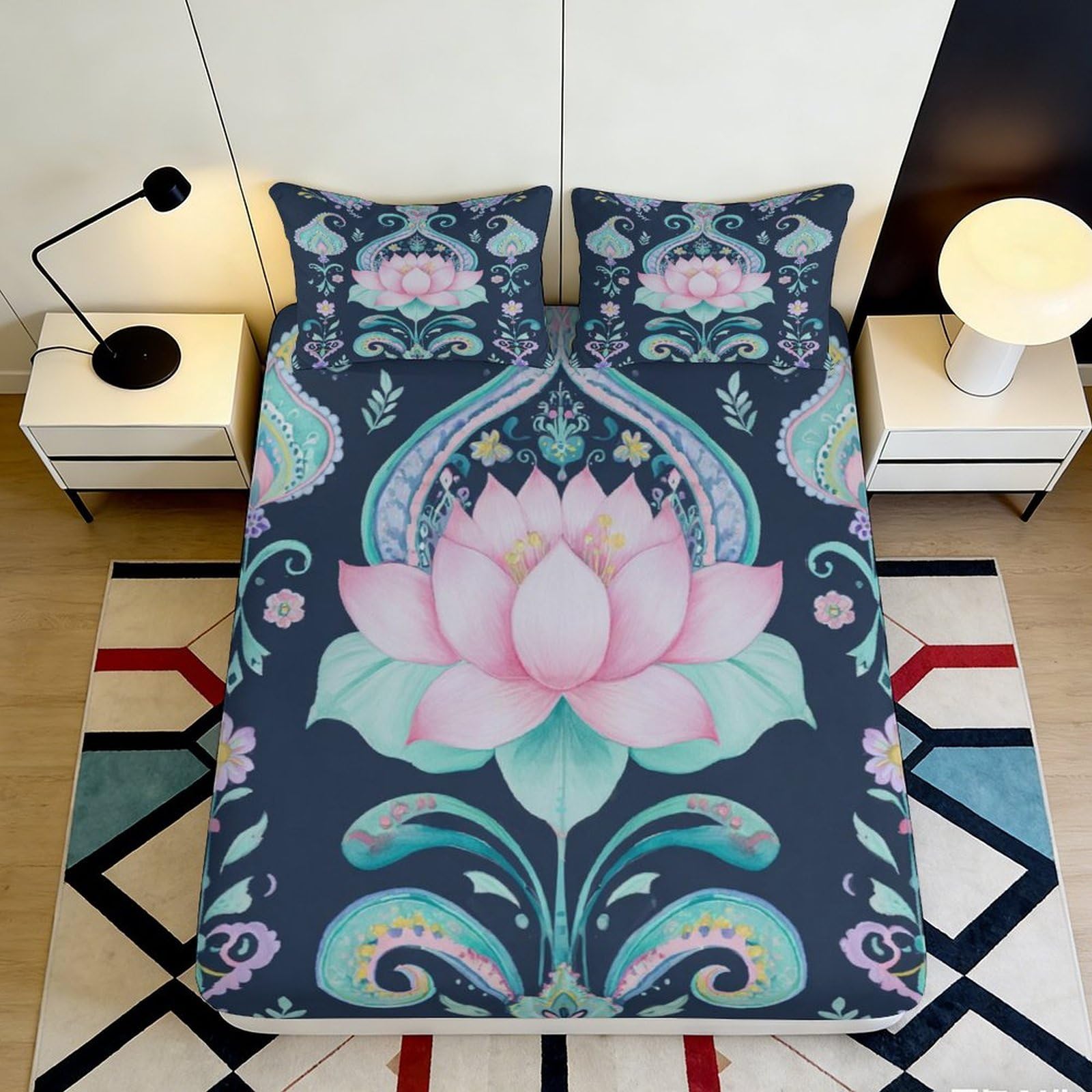 3D Printed Lotus Pattern Fitted Sheet Microfiber Deep Pocket Non-slip Lotus Mattress Fitted Cover Washable Bedroom Bedding 140x200x25cm