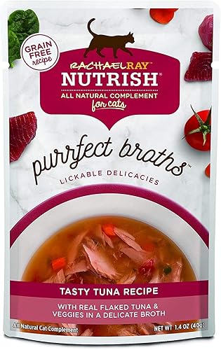 Rachael Ray Nutrish Purrfect Broths - Alimento húmedo natural para gatos, sabrosa receta de atún con atún y verduras en hojuelas, bolsa de 1.4 onzas