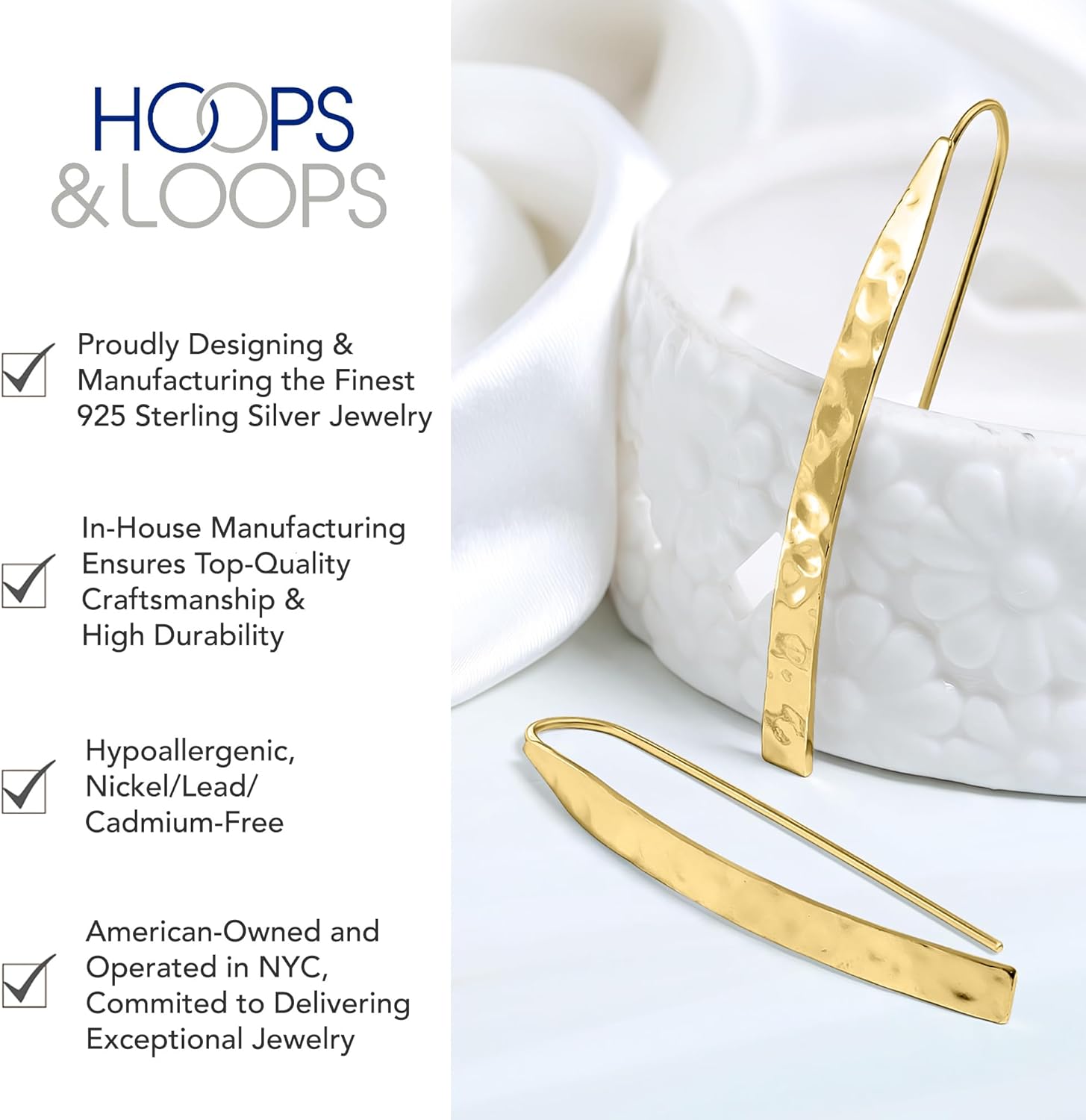 Hoops & Loops 925 Sterling Silver High Polished Hammered Long Flat Bar Threader Drop Earrings for Women, Silver, Yellow & Rose Gold - Image 3