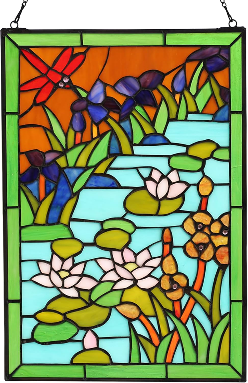 Dragonfly Stained Glass Window Hanging 16"H x 11"W Tiffany Style Pink Lotus Rectangular Window Panel Perfect for Living Room Bedroom Kitchen Window Decoration Hangings With Chain