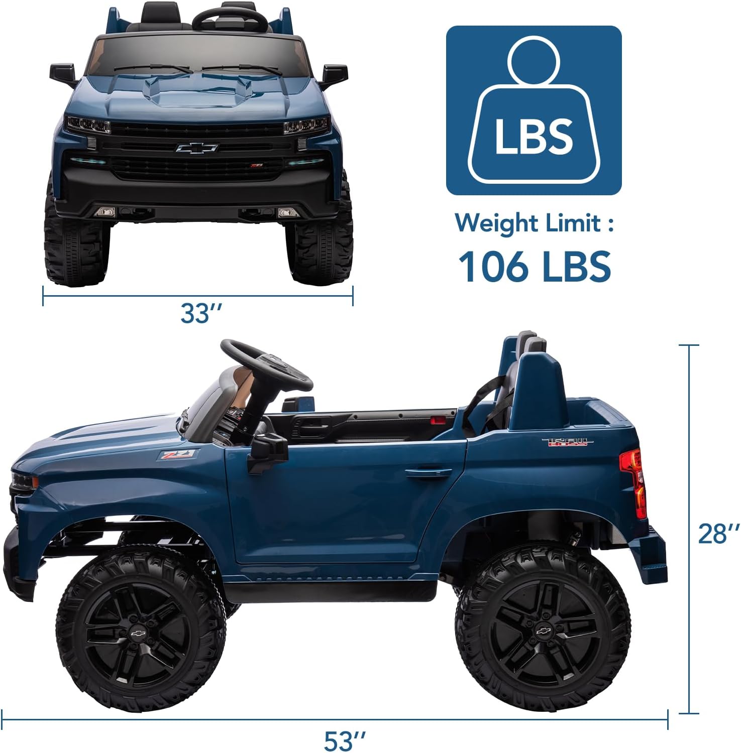 Kids Electric Ride on Car 2-Seater Truck, 24V Battery Powered SUV Licensed Chevrolet with Parent Remote Control, 4 Spring Suspension, Storage, Music, Lights, Double Open Doors for Boys Girls, Blue