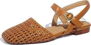 Woven Slingback Flats For Women, Square Toe Ankle Strap
