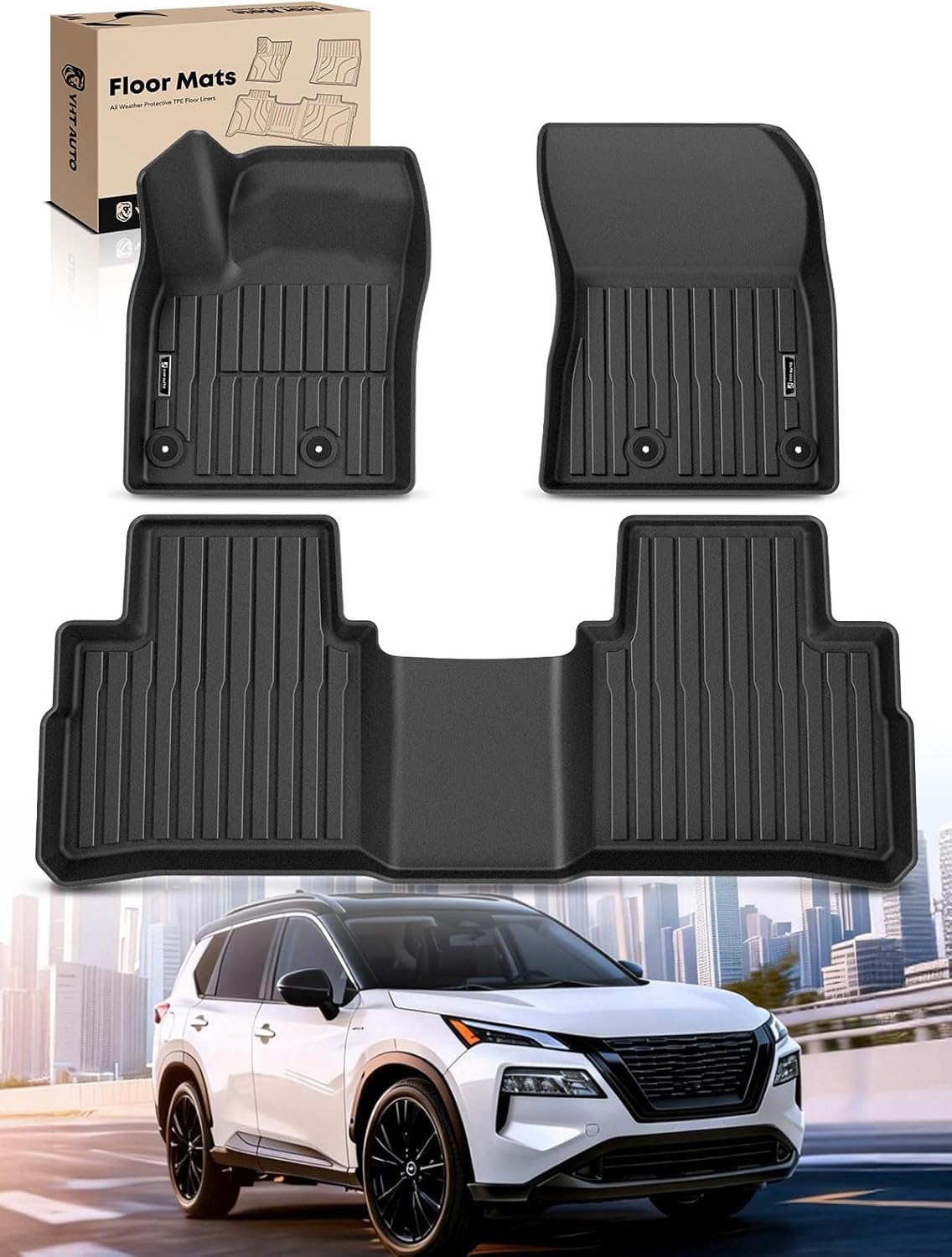 YHTAUTO Automotive Floor Mats Compatible with Nissan Rogue 2021-2026 (NOT Rogue Sport), TPE Floor Liners All-Weather Protection Custom Fit, 1st & 2nd Row, Set of 3