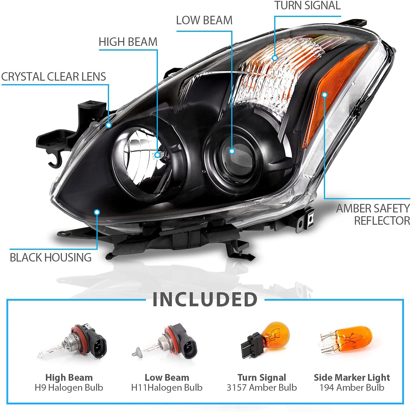 AmeriLite Black Headlights For Altima 2Dr Coupe Halogen Type (Pair) High/Low Beam Bulb Included