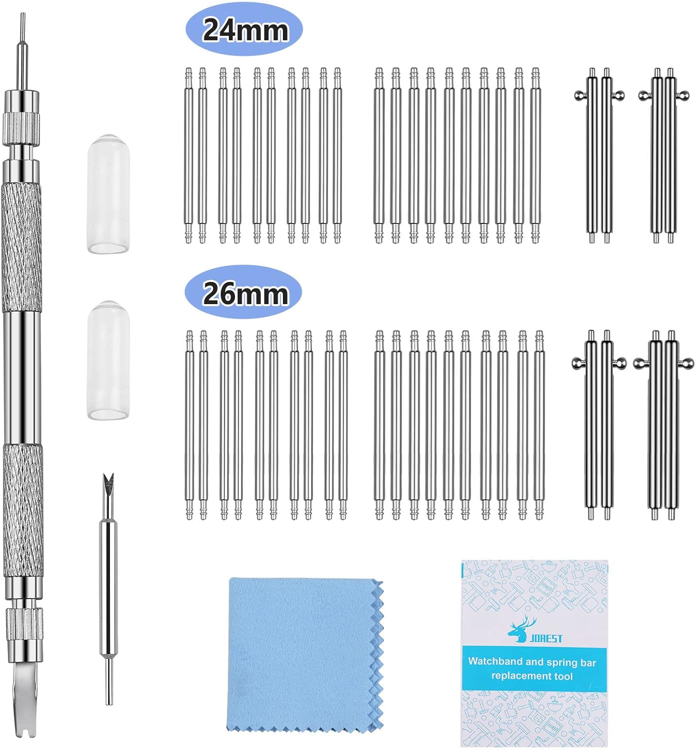 JOREST Watch Spring Bar Tool, Watch Repair Kit to Replace the Watch Strap, Watch Link Removal Tool, With User Manual, 24PCS (24-26mm) Spring Bars + 8PCS (24-26mm) Quick Release Spring Bars