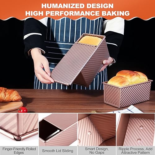 Miniatura 6 de Pavsrmy Paquete de 2 moldes para pan Pullman con tapa, sartén antiadherente de alta calidad con tapa, capacidad de masa de 1 lb0.5 libras, molde de