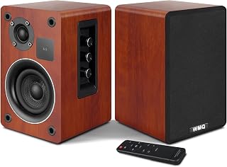 Powered Bluetooth 5.3 Bookshelf Speakers with Remote & LED Display, 3.5" Carbon Fiber Woofer, RCA AUX Input, Wooden Wired Wireless Speakers for Turntable, PC, TV, Gaming, Brown