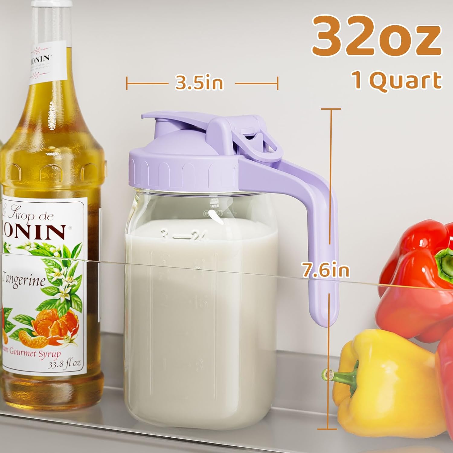 Breast Milk Pitcher, Mason Jar 32 oz, Heavy Duty Wide Mouth Jar with Purple Flip Cap Lid and Pour Spout, Formula Pitcher Airtight Seal for Freshness and Convenience, Great for Cold Beverages - Image 2