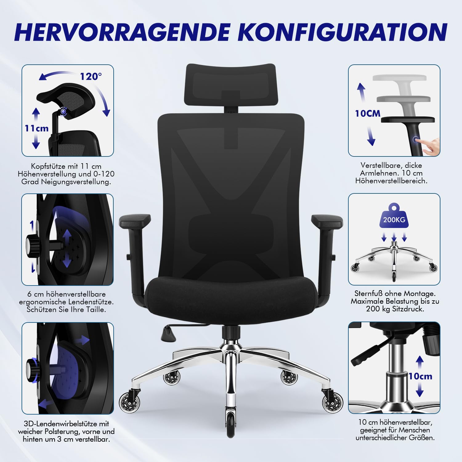 Daccormax Bürostuhl, Bürostuhl Ergonomisch Schreibtischstuhl mit Verstellbaren Armlehnen, Kopfstütze und weiche Lendenstütze aus Naturschwamm, Chefsessel Drehstuhl Wippfunktion 200kg, Schwarz