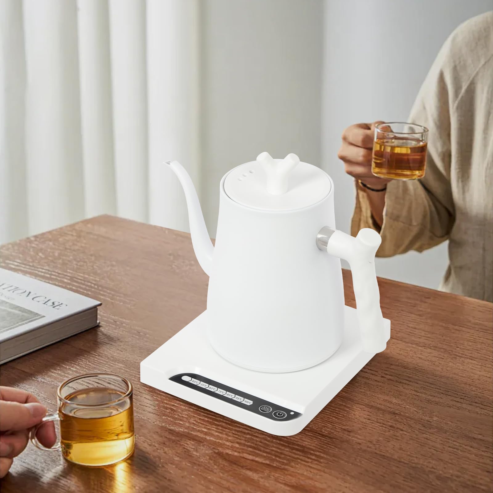 Hervidor eléctrico de 1 L, 1000 W, 7 niveles de temperatura del agua ajustables, cuello de cisne, para café y té, color blanco
