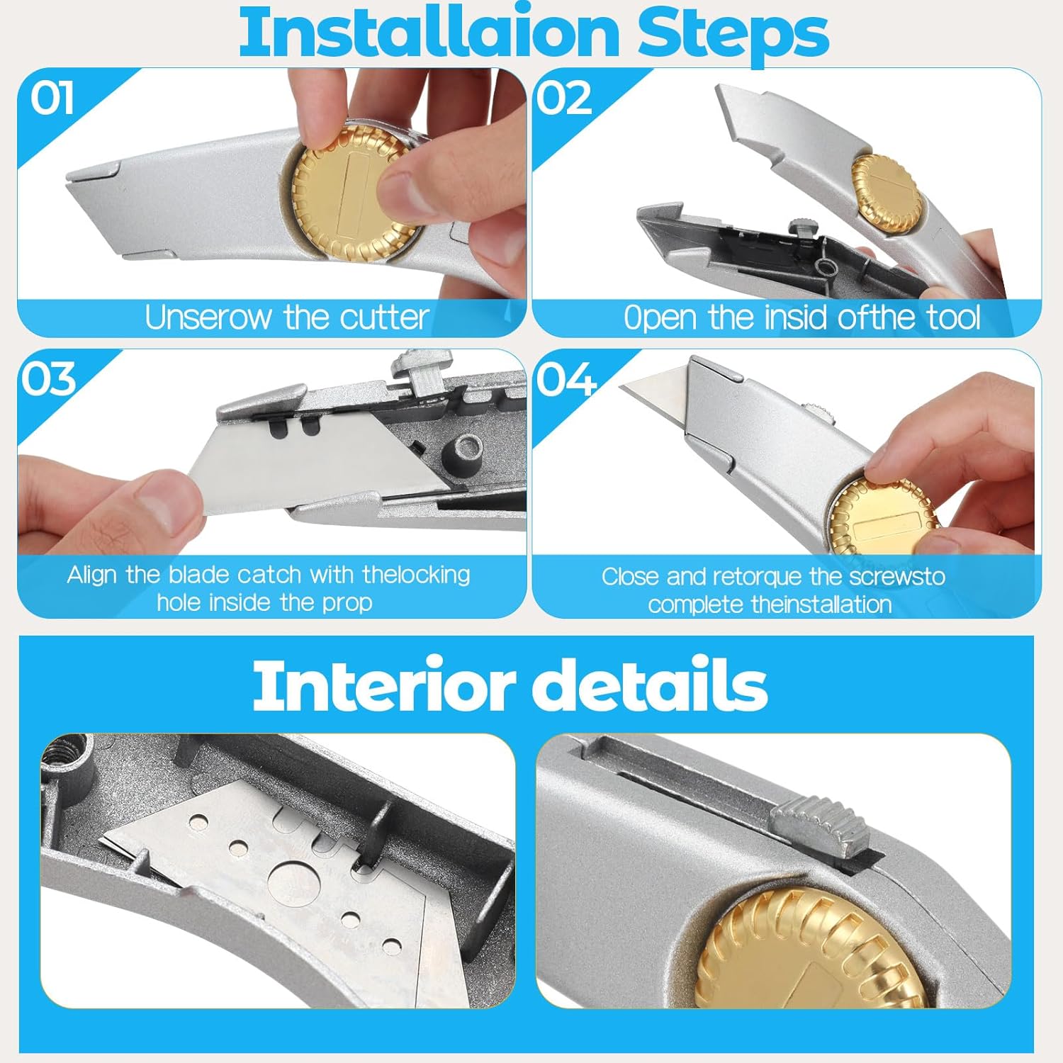 4PCS Silver Retractable Utility Roofing Knife, Heavy Duty Utility Knife for Drywall, Vinyl, Carpet Cutting, Metal Roofing Tools with Portable Storage Sheath, Replacement Blades（Upgraded）