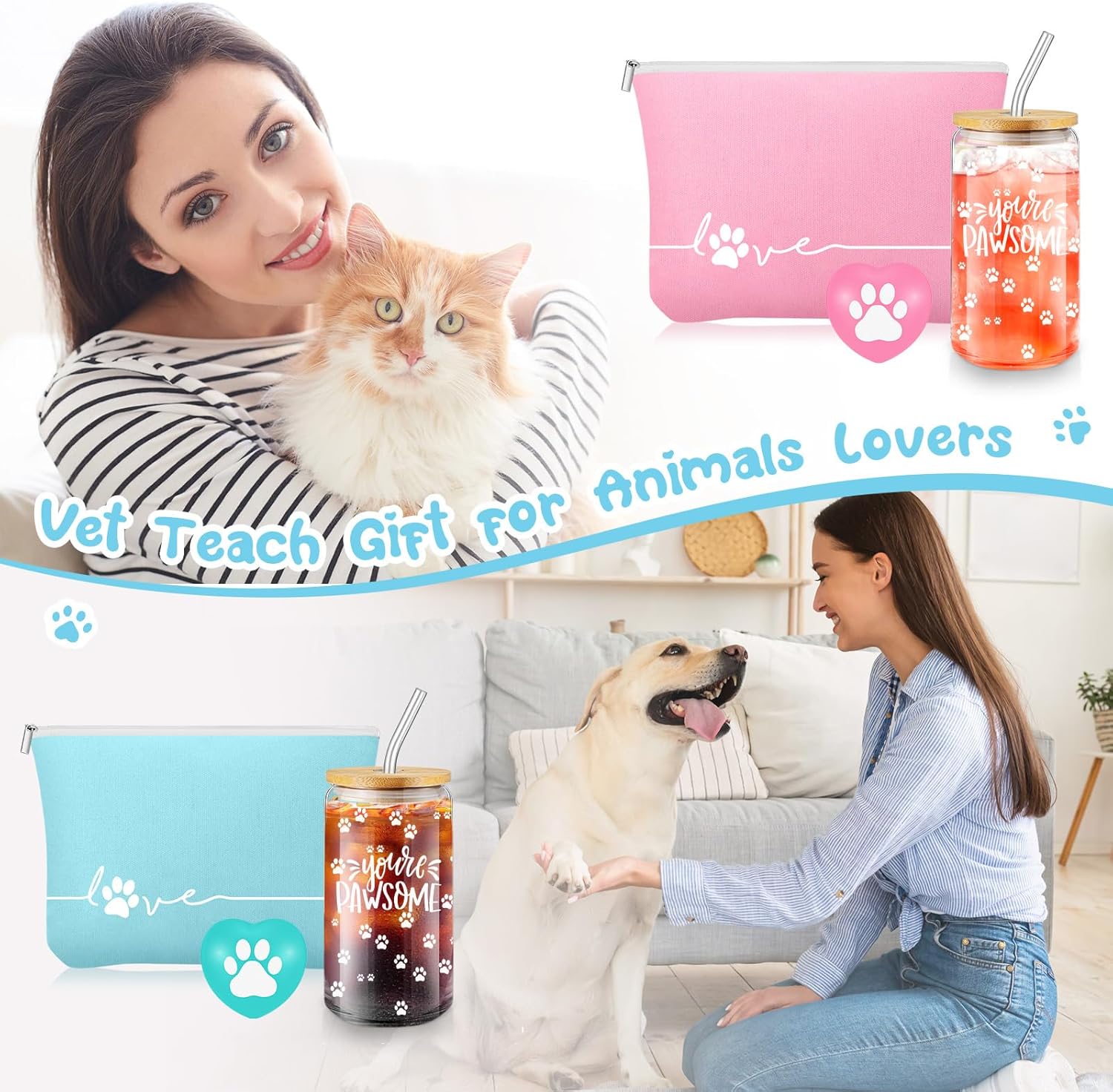 Sliner 20 Sets Veterinary Gift for Women Inspirational 16 oz Glass Cups with Lid Makeup Bag with Stress Toy Vet Tech Assistant Receptionist Dog Lover Cat Groomer Gifts Must Haves (Multicolor) - Image 6
