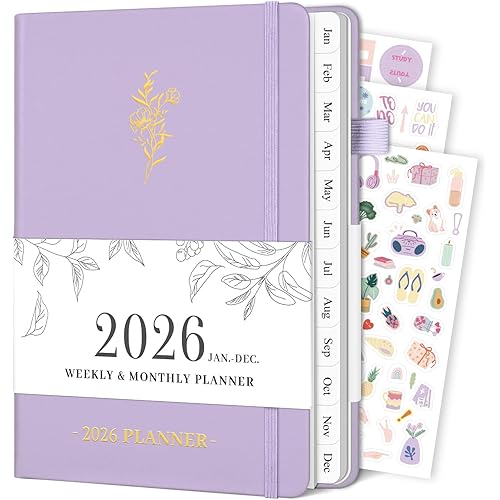 Planner 2026, Weekly and Monthly Planner with Tabs from Jan 2026 - Dec 2026, A5 Hardcover Academic Calendar with Date for School & Office Schedule, 5.8" x 8.3", Purple
