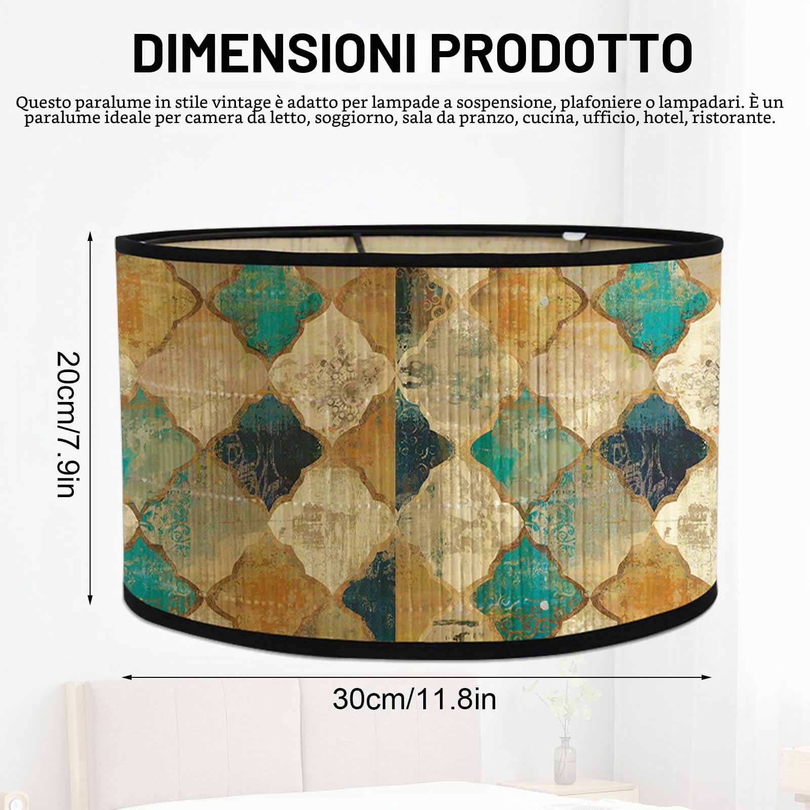 Paralume in Tessuto, 30 X 20 Cm, Paralume Rimovibile Per Lampada Da Tavolo con Stampa Antica, Lampada Da Terra, adatto per Lampade da Tavolo, Lampadari e Lampada da Terra Retrò(E)