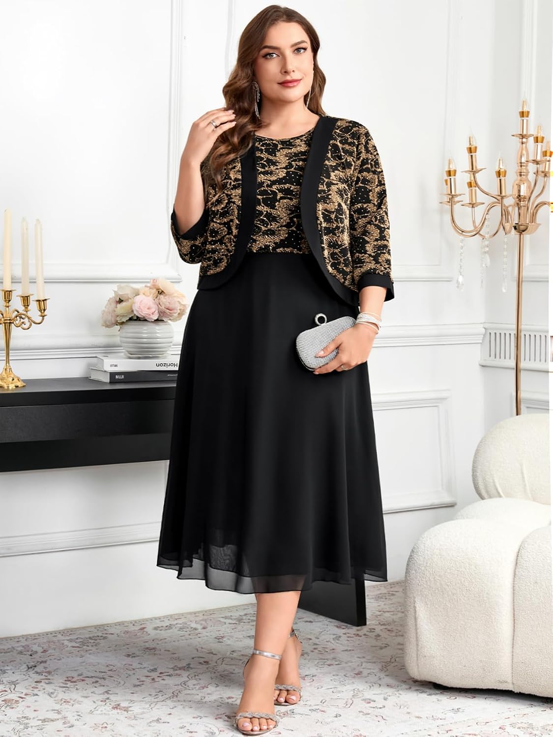 CYCLAMEN Plus Size Mother of The Bride Dress 2 Piece Set with Jacke Chiffon A-Line Sparkly Gown for Wedding Guest Formal