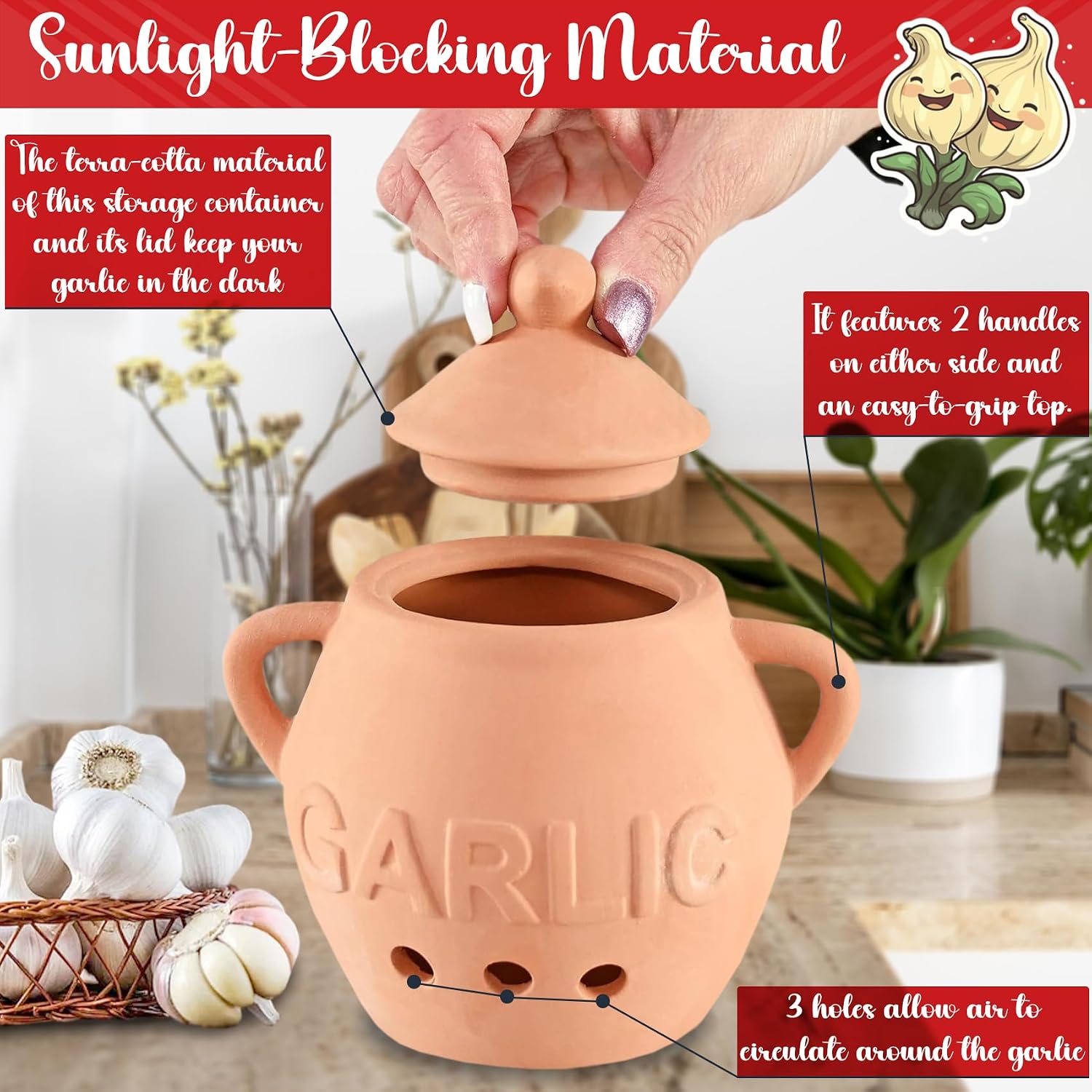 Home-X Unglazed Terracotta Garlic Keeper, Kitchen Counter Accessory, Farmhouse Storage Container with Lid, Small Storage Jar for Garlic Bulbs, 5 ¼” D x 4 ¼” H, Terra Cotta image 4