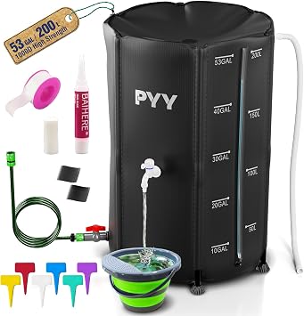 PYY Rain Water Collection Barrel - 53 Gallon Black Large Water Storage Tank with Spigot, Hose and Portable Bucket, Plastic Collapsible Rain Catcher Catchment System to Collect Rainwater from Gutter