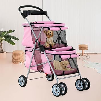 Dog Stroller 4 Wheels Cat Stroller Double Layer Pet Strollers Pet Carriers Jogger Strollers for Medium Dogs Cats Travel Camping Strolling Cart with Cup Holder Removable Liner, Pink