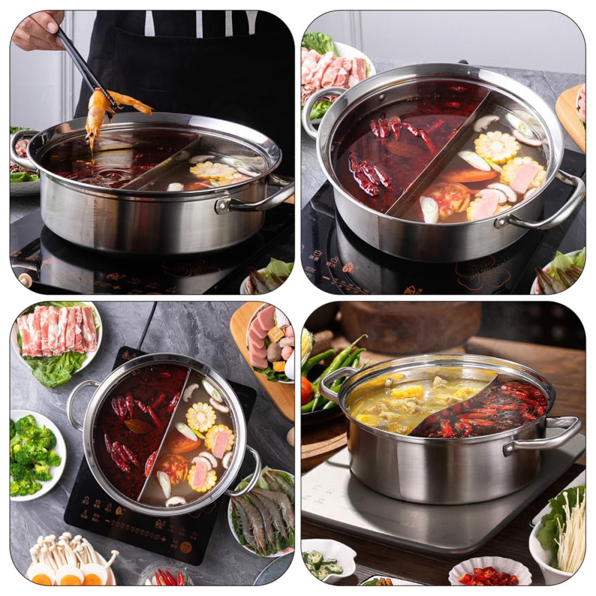 Pentola per Shabu in Acciaio Inossidabile 304 Design a Griglia e Manico Termoisolante, Adatta per Cucina Domestica e Piani Cottura a Induzione