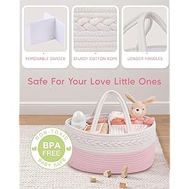 Maliton Diaper Caddy for Baby Girl-Cotton Rope Diaper Caddy, Diaper Organizer for Changing Table, Portable Baby Basket for Storage Baby Stuff, Newborn Registry Must Have Items