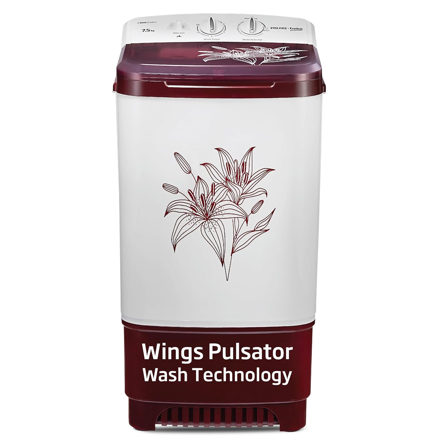 Voltas beko, A TATA Product 7.5 kg Semi – Automatic Top Load Washer (2023 Model, WST75BBRT, Burgundy, Wings Pulsator wash method)