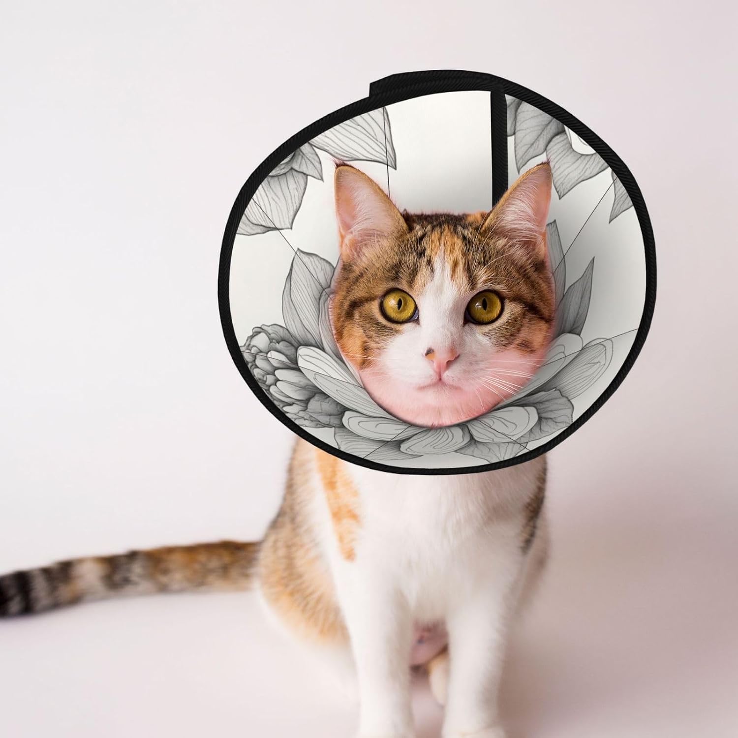 Hand Drawn Flower Print Cat Cone Collar, Adjustable Elizabethan Collar, Soft Dog Recovery Collars, for Small Large Cats