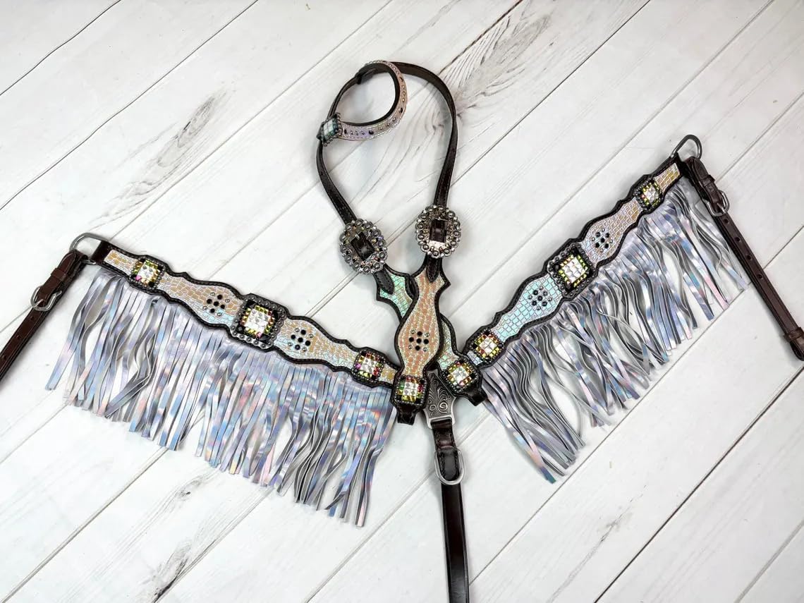 Western One Ear Leather Hand Tooled Headstall and Breast Collar Set with Reins. /Size-Full,Cob AA-10