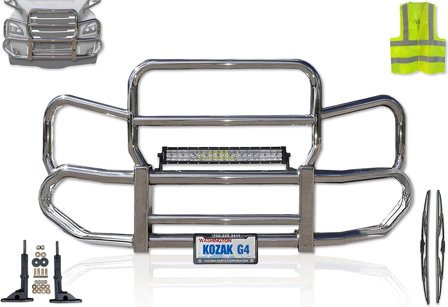 KOZAK Grille Deer Moose Brush Bumper Guard Herd 300 Compatible with Freightliner Cascadia 2018+ Truck Plus Brackets, 22" LED Bar 120W, Logo, 2X Wipers, KOZAK Reflective Vest