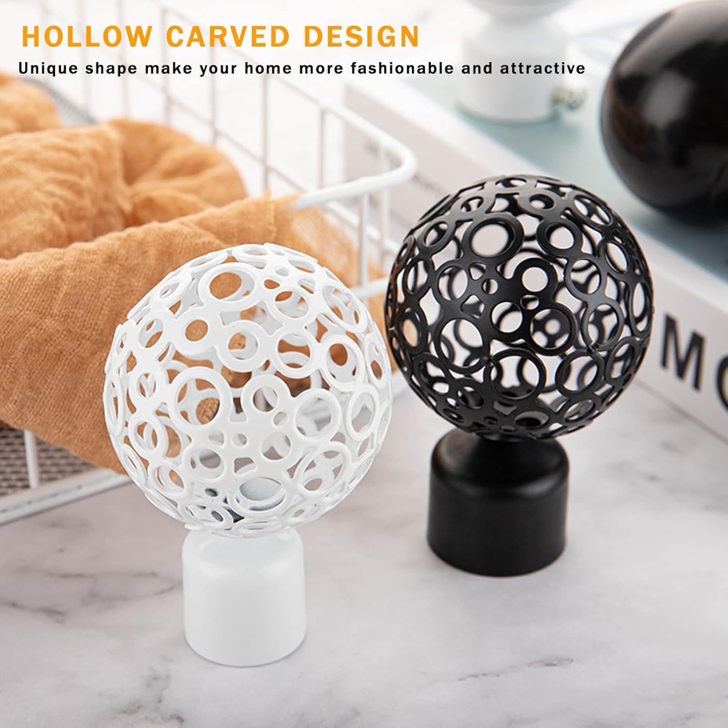 2 Pcs Metal Curtain Rod Finials, Hollow Carved Design Curtain Rod Ends, Decorative Drapery Pole Cap for 28mm/1.1 Inch Rods, Modern Window Treatment Hardware for Living Room Bedroom (White)