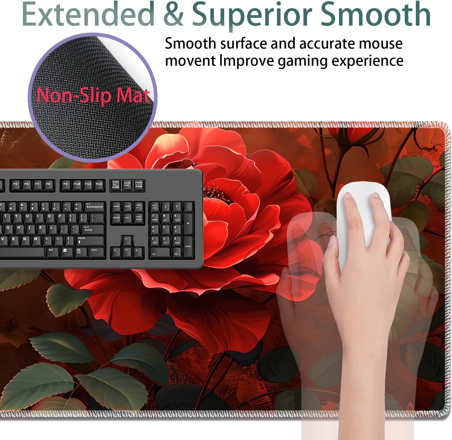 Large Gaming Mouse Pad + Keyboard Wrist Rest + Wrist Support + Coaster Set, Memory Foam Ergonomic for Easy Typing, XXL Extended Gaming Mouse Pad Table Pad - Red Rose