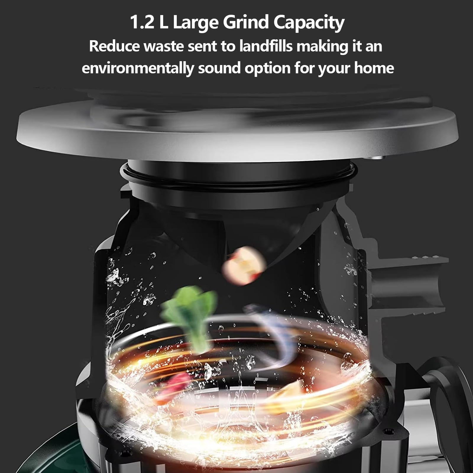 Triturador residuos Alimentos de 560 W, 3800 R/min, con 7 Niveles de molienda y protección contra sobrecarga Temperatura, Acero Inoxidable Serie Titanio, eliminación de Basura de 1200 mlcapacidad