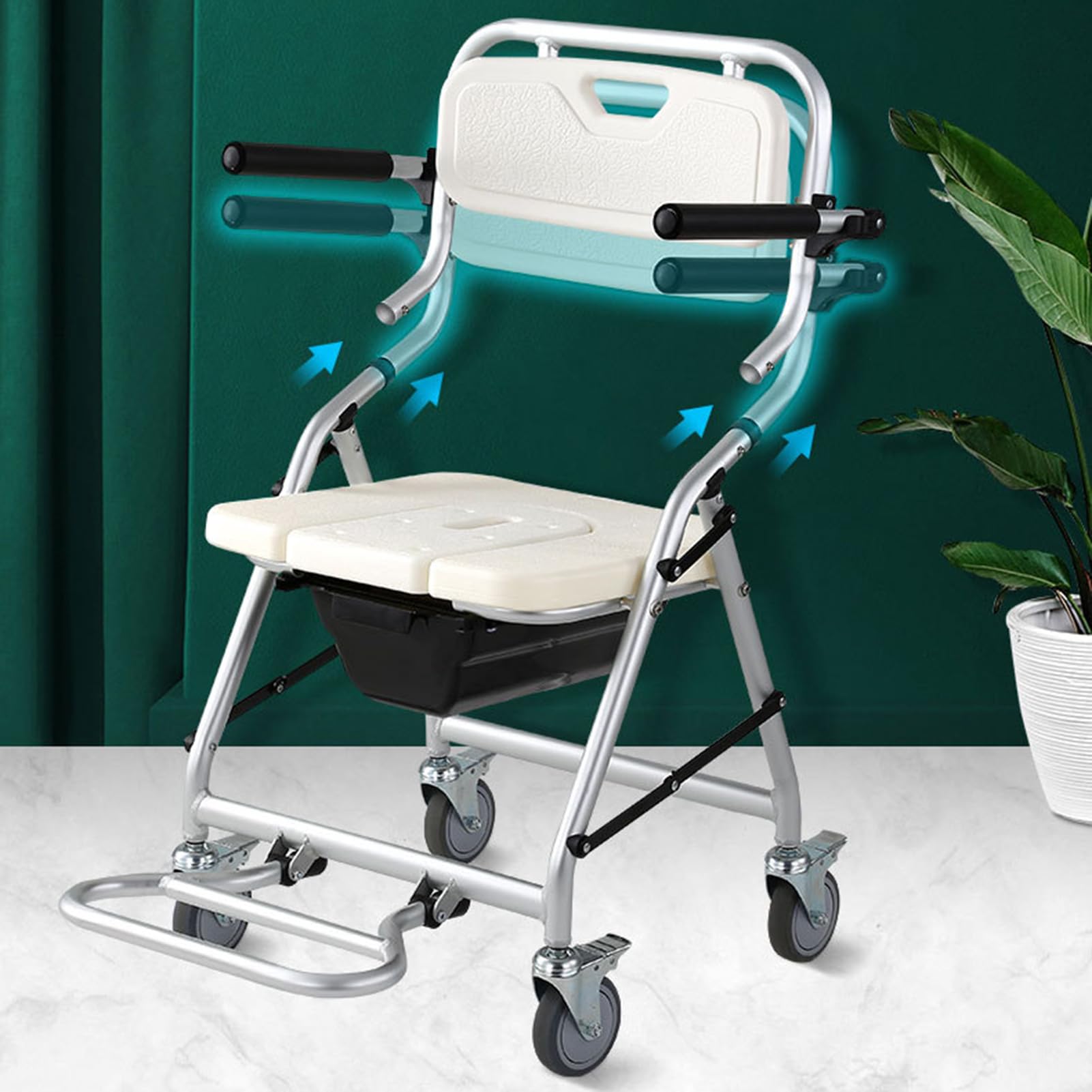 Silla WC Personas Mayores con Ruedas Plegable, Silla para Ducha para Personas Mayores con Pedales Y Respaldo Ergonómico, Silla De Ruedas para Baño, Carga Máxima 120 Kg