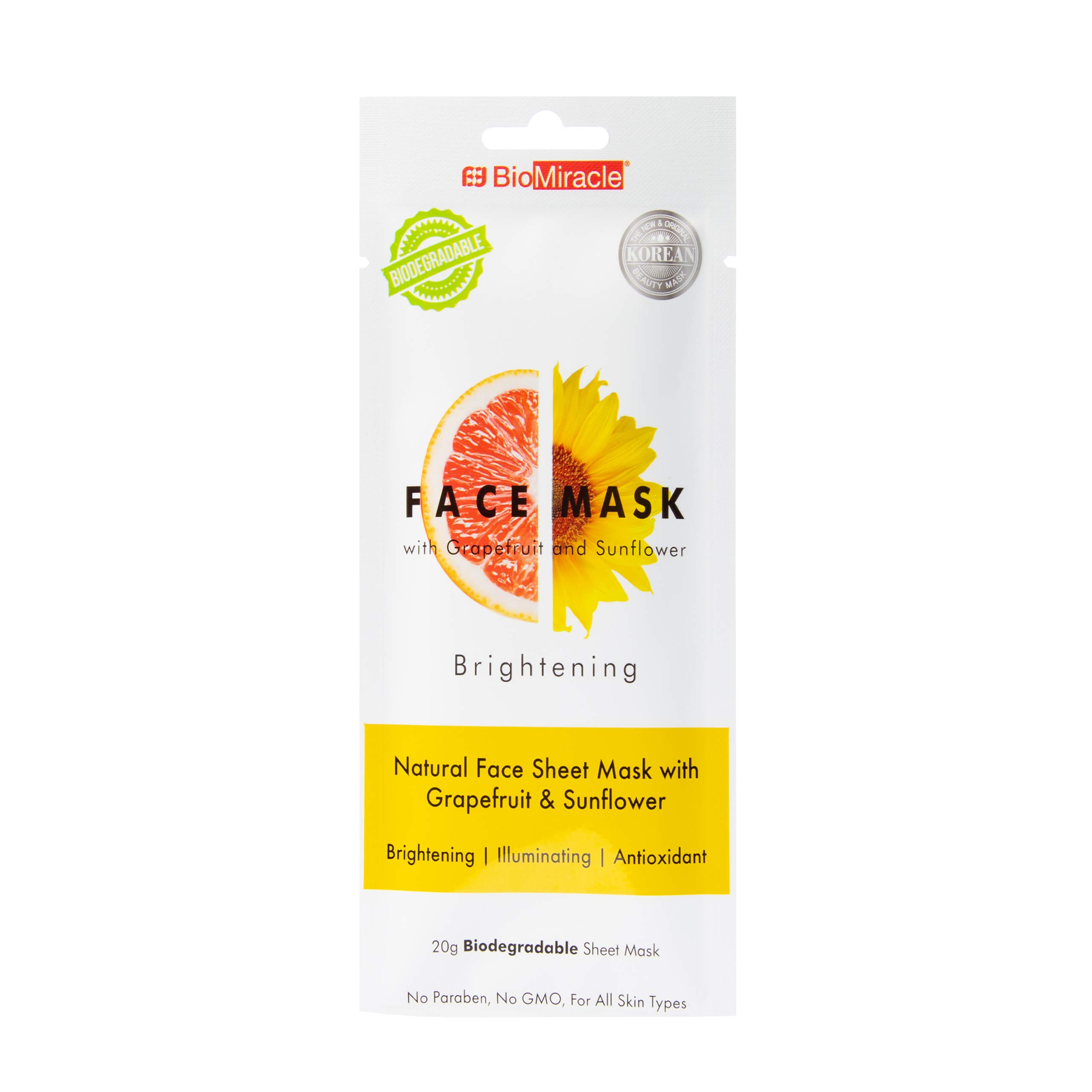 BioMiracle Brightening, Natural Face Mask Sheet with Grapefruit and Sunflowers, Pack of 5, with Natural Antioxidants, for Illuminated Skin