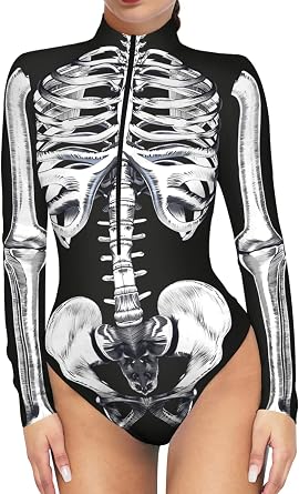 Womens Skeleton Jumpsuit Zip Up Halloween Bodysuit Sexy Halloween One Piece Outfit