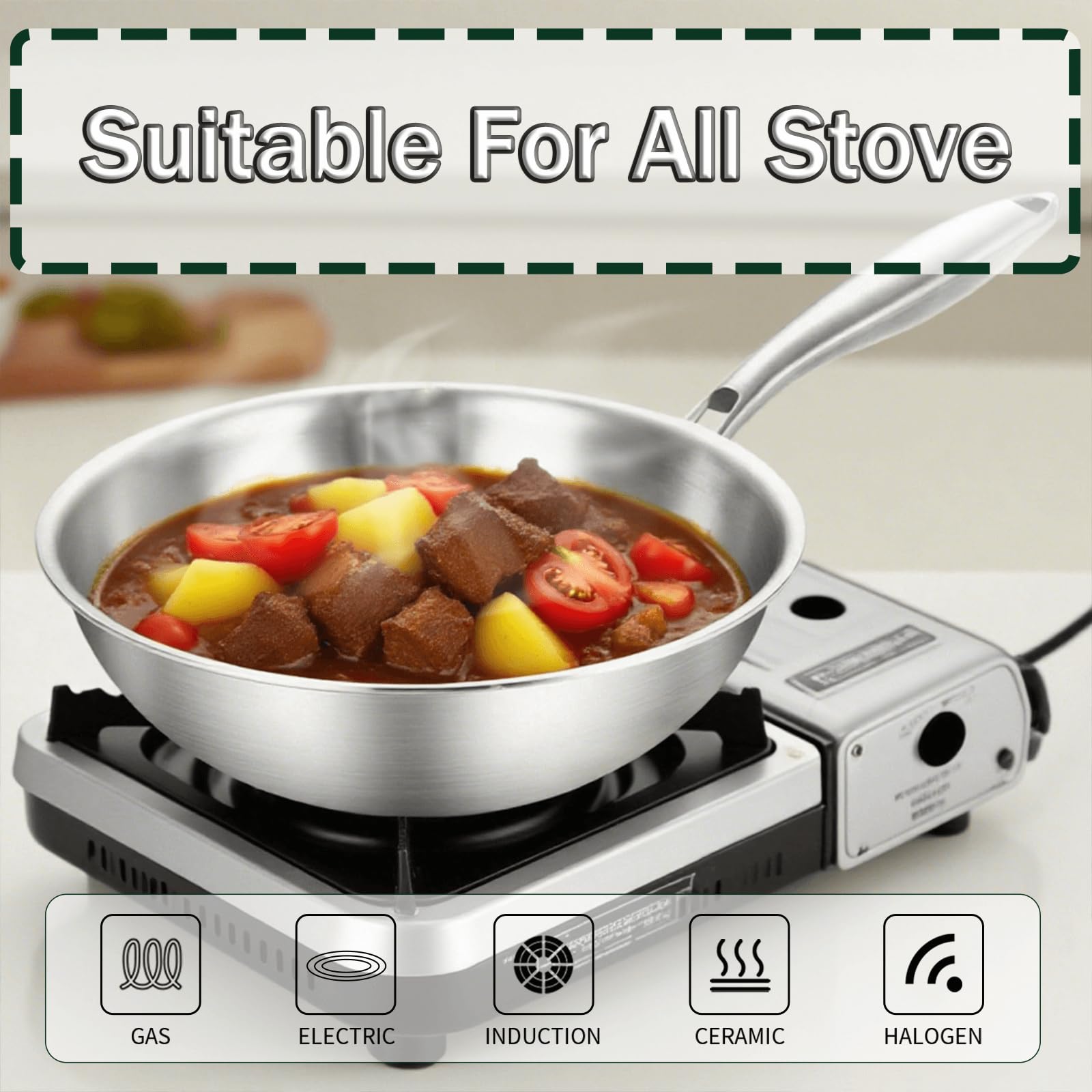 DELARLOCHEF Roestvrij stalen pan 32 cm handgreep met één hand, drielaags roestvrij staal, wok, efficiënte warmtegeleiding, geschikt voor inductie, 20% energiebesparend, ovenvast tot 400 °C, ongecoate