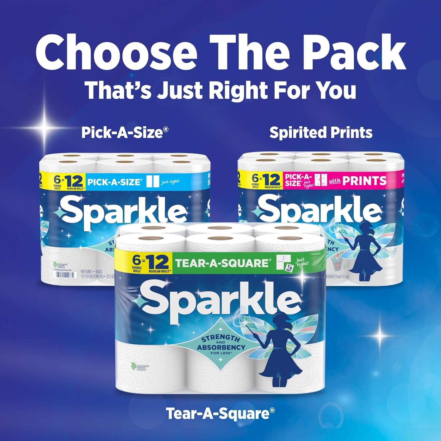 Sparkle Pick-A-Size Paper Towels, 6 Double Rolls (660 Sheets Total) - Strong 2-Ply Towels for Kitchen Cleanup and Everyday Messes