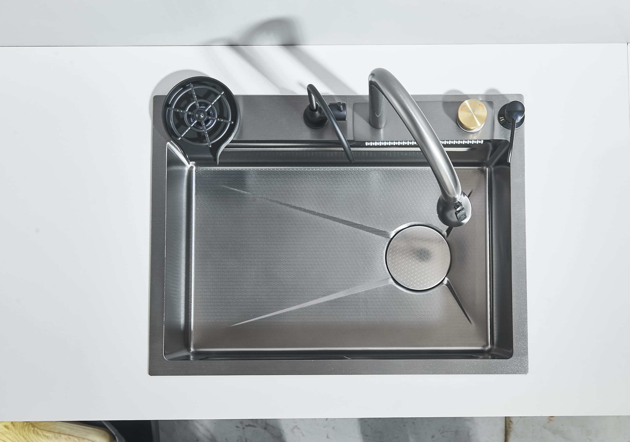 Evier Cuisine Inox 1 Bac avec Robinet Extensible et Pure Rince Verr Automatique 1 Bac avec Egouttoir 60 * 46 * 20cm Inox