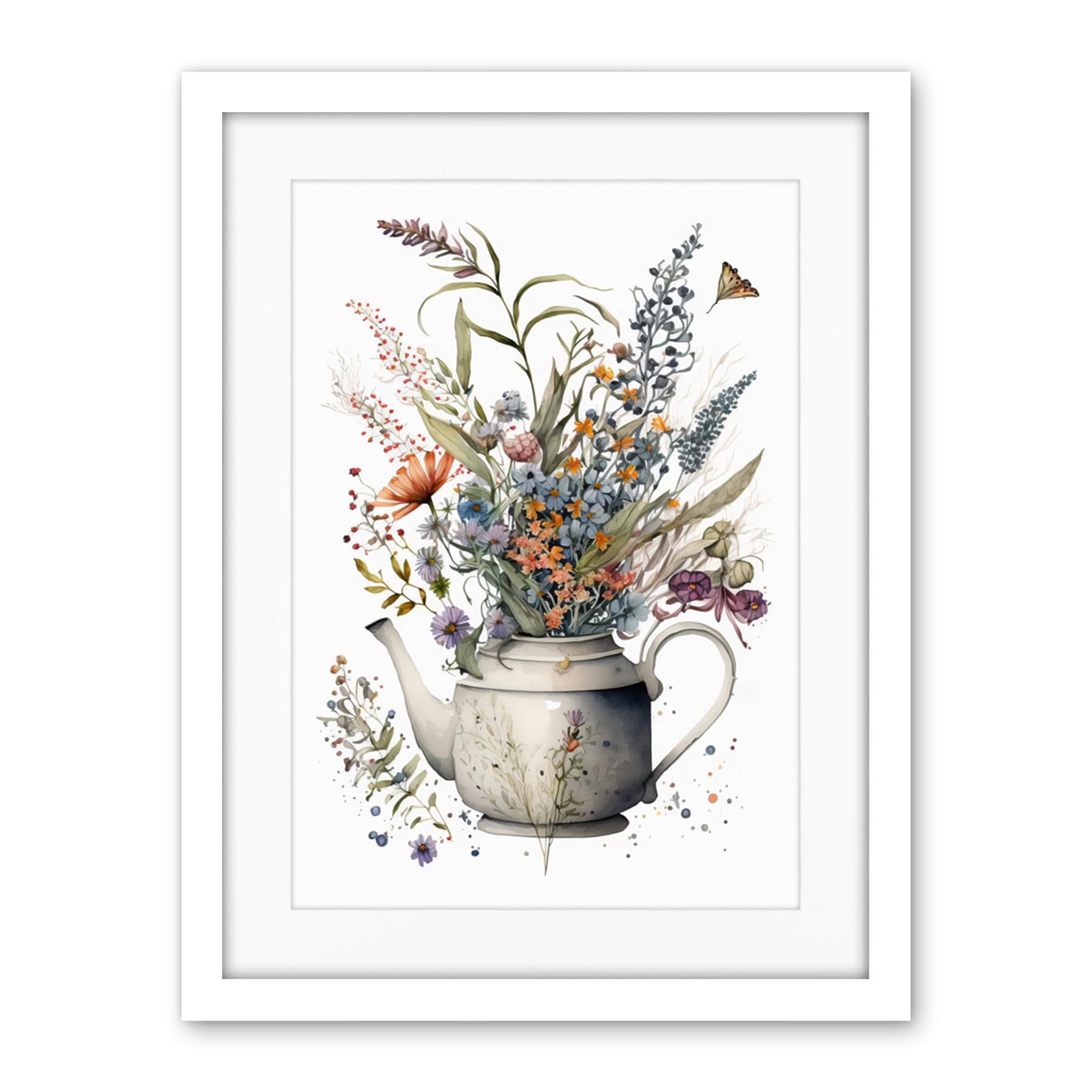 Artery8 Spring Wildflower Bouquet in White Ceramic Teapot Artwork Framed Wall Art Print 18X24 Inch