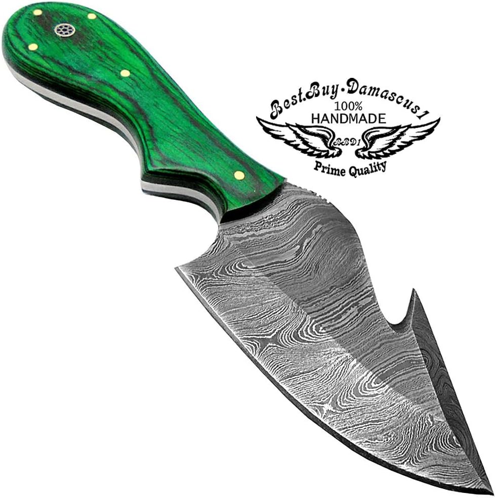 Best.Buy.Damascus1 Green Wood 8" Guthuk Fixed Blade Beautiful Custom Handmade Damascus Steel Hunting Knife With Brass Pins Prime Quality Come With Leather Sheath