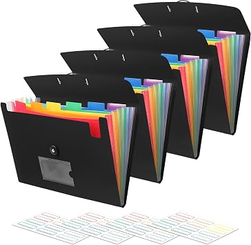Accordian File Organizer 7 Pocket Expanding File Folder with Labels, Plastic Expandable File Folder for Documents Letter Size A4 Papers - 4-Pack Black