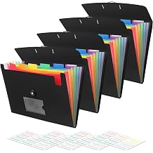 Accordian File Organizer 7 Pocket Expanding File Folder with Labels, Plastic Expandable File Folder for Documents Letter Size A4 Papers - 4-Pack Black