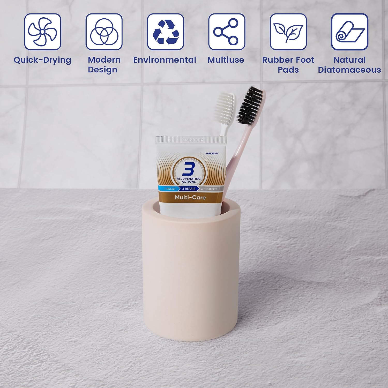 Quick Dry Toothbrush Holder for Bathroom Countertop, Diatomite Tooth Brush Holder Compact Bathroom Countertop Organizer for Toothbrush, Toothpaste, Razor & Brushes, Pink (1 Pack)