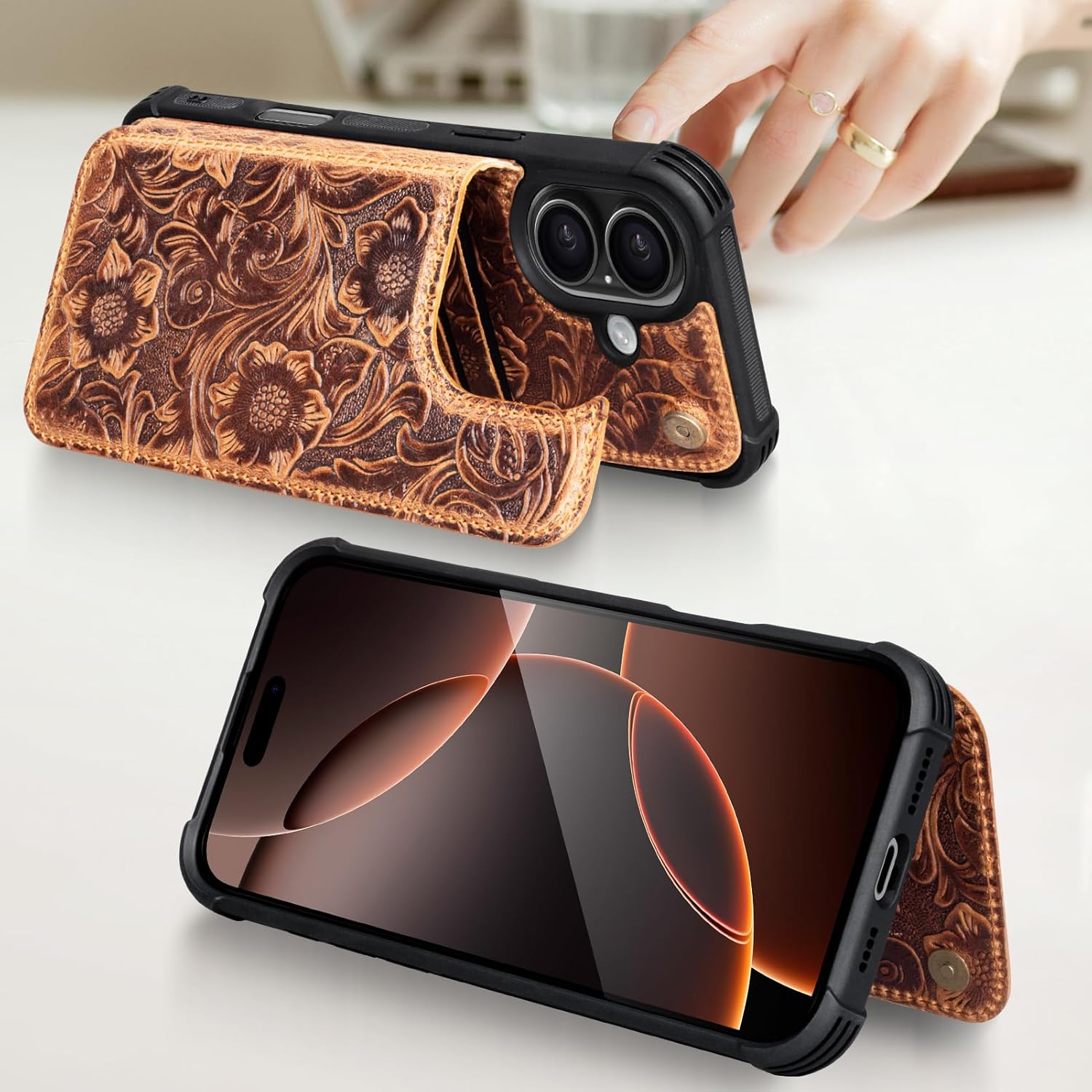 Wallet Real Leather Case Compatible with iPhone 16 6.1" ，Genuine Leather，Shockproof, Anti-Fall Case, Flip Cover, with Card Slot, Double Magnetic Buckle, Kickstand, Durable Brown