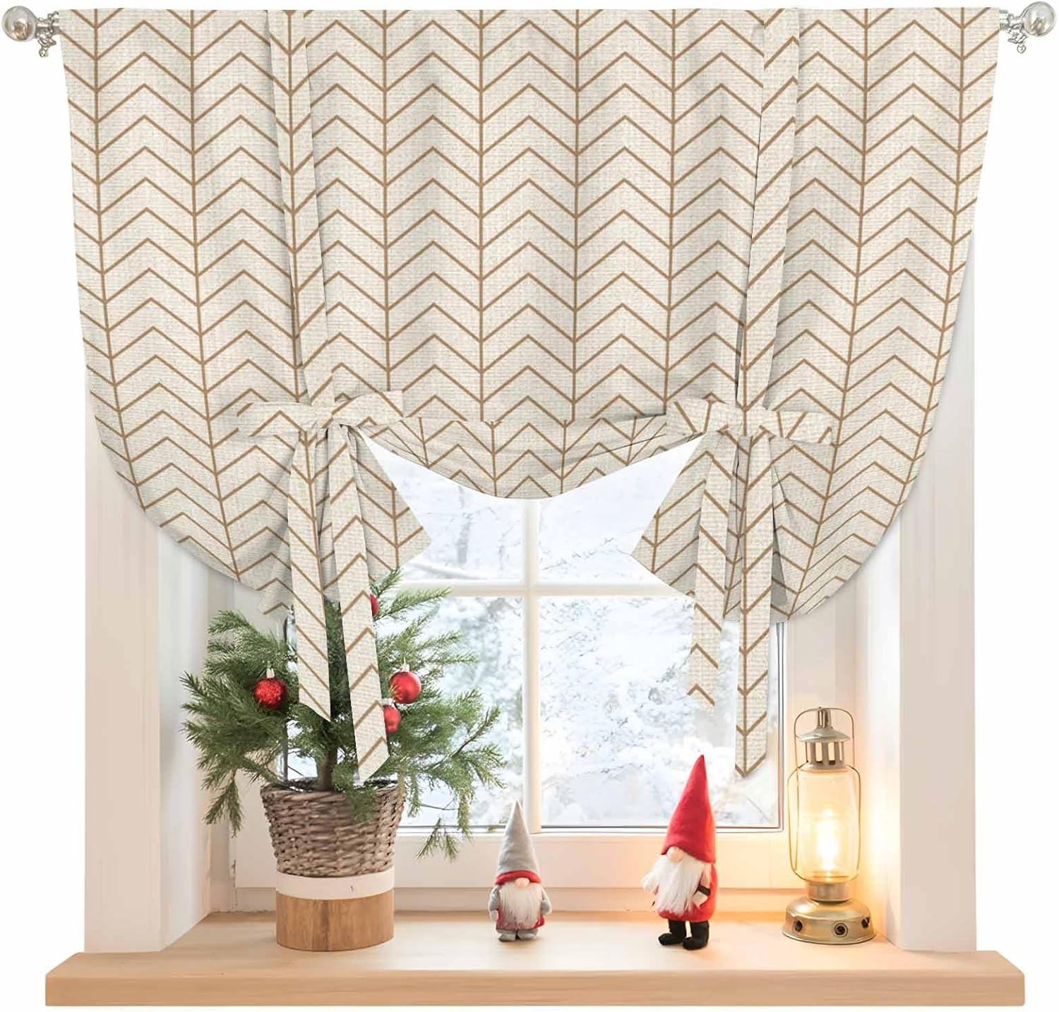 Simple Line Linen Texture Tie Up Curtains for Windows 63 Inch Length Balloon Curtains Kitchen Adjustable Balloon Window Shade Beige Modern Art Geometric Tie Up Valance Bathroom Curtain Window 52"x63"